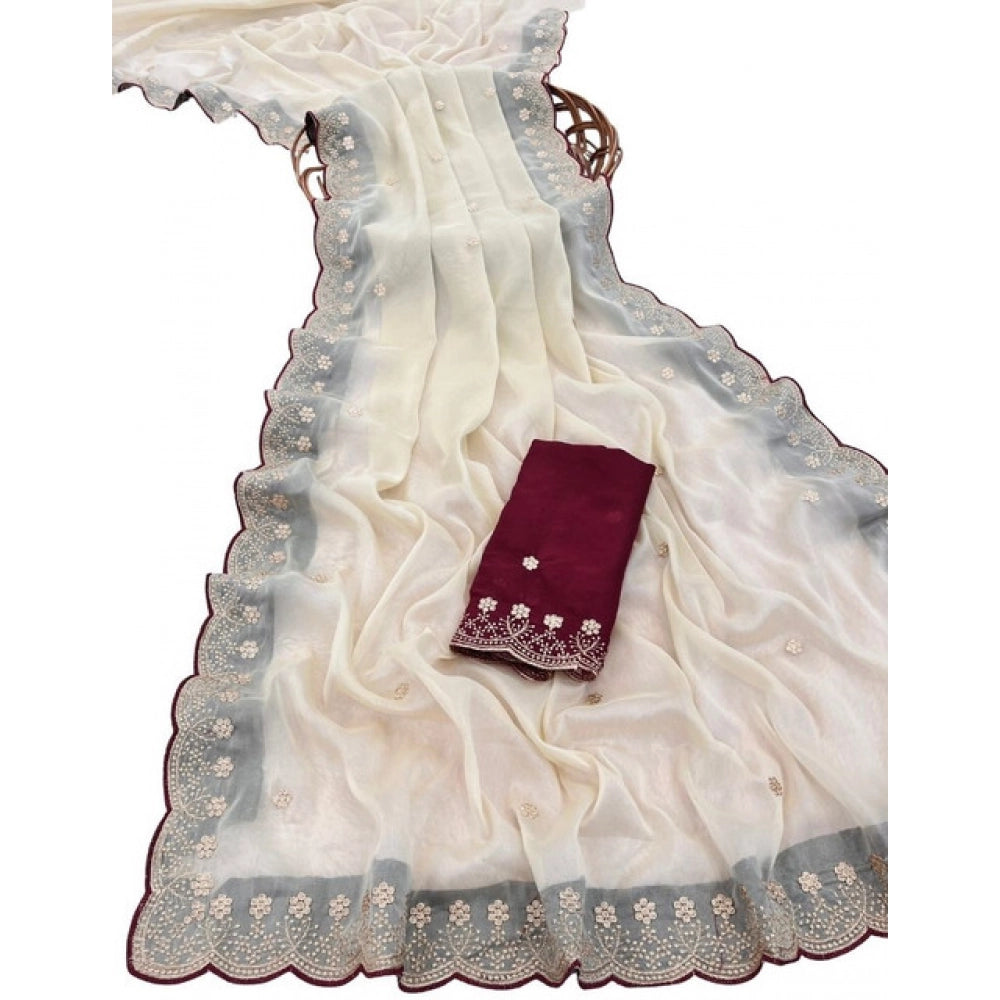 Women's Star Georgette Embroidered Saree With Unstitched Blouse 5.5 Mtr (Off White)