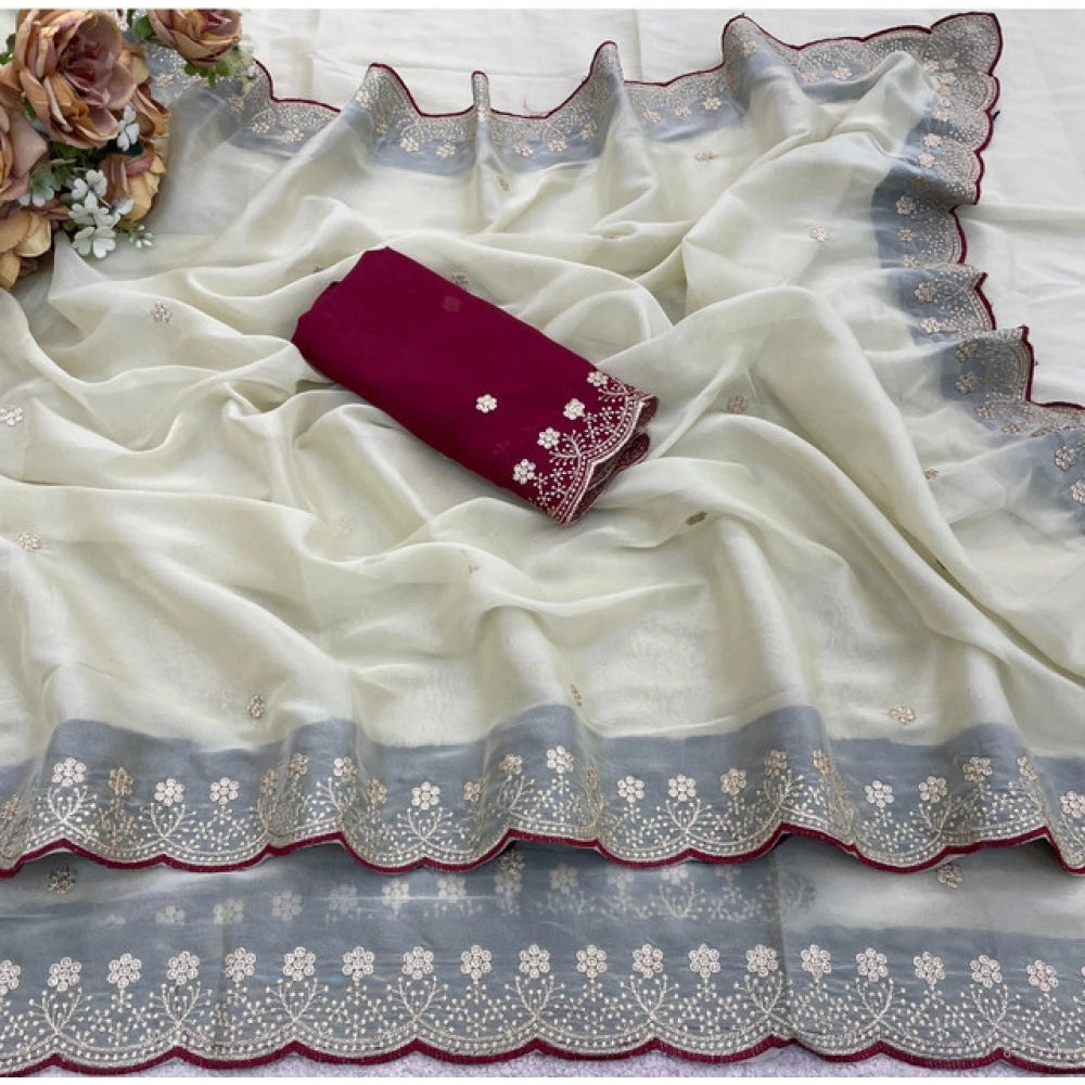 Women's Star Georgette Embroidered Saree With Unstitched Blouse 5.5 Mtr (Off White)