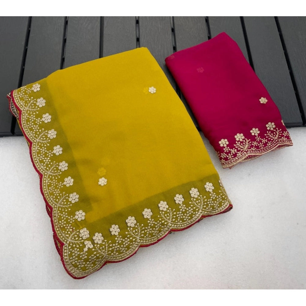 Women's Star Georgette Embroidered Saree With Unstitched Blouse 5.5 Mtr (Yellow)