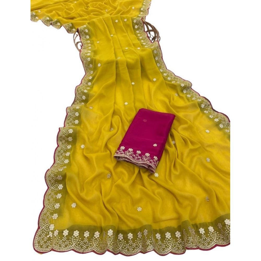 Women's Star Georgette Embroidered Saree With Unstitched Blouse 5.5 Mtr (Yellow)