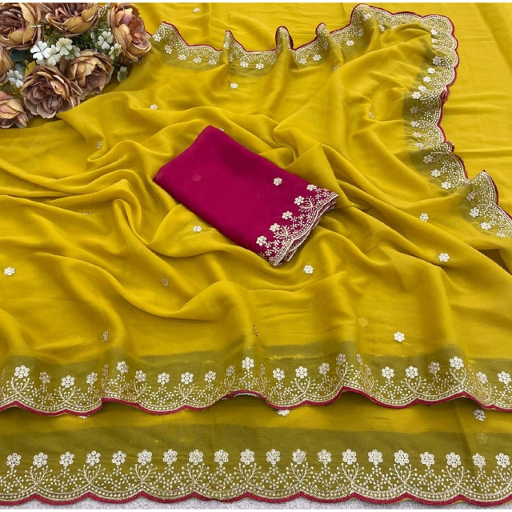 Women's Star Georgette Embroidered Saree With Unstitched Blouse 5.5 Mtr (Yellow)