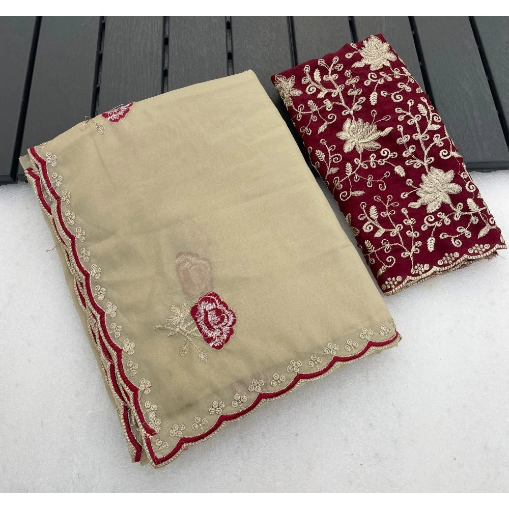 Women's Star Georgette Embroidered Saree With Unstitched Blouse 5.5 Mtr (Cream)
