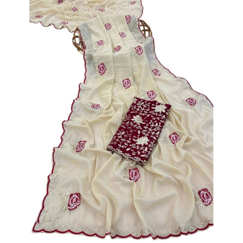 Women's Star Georgette Embroidered Saree With Unstitched Blouse 5.5 Mtr (Cream)