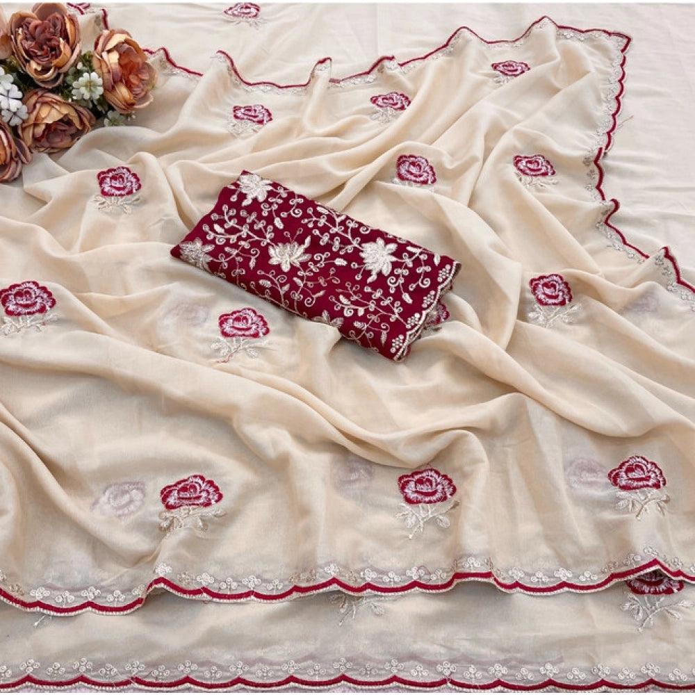 Women's Star Georgette Embroidered Saree With Unstitched Blouse 5.5 Mtr (Cream)
