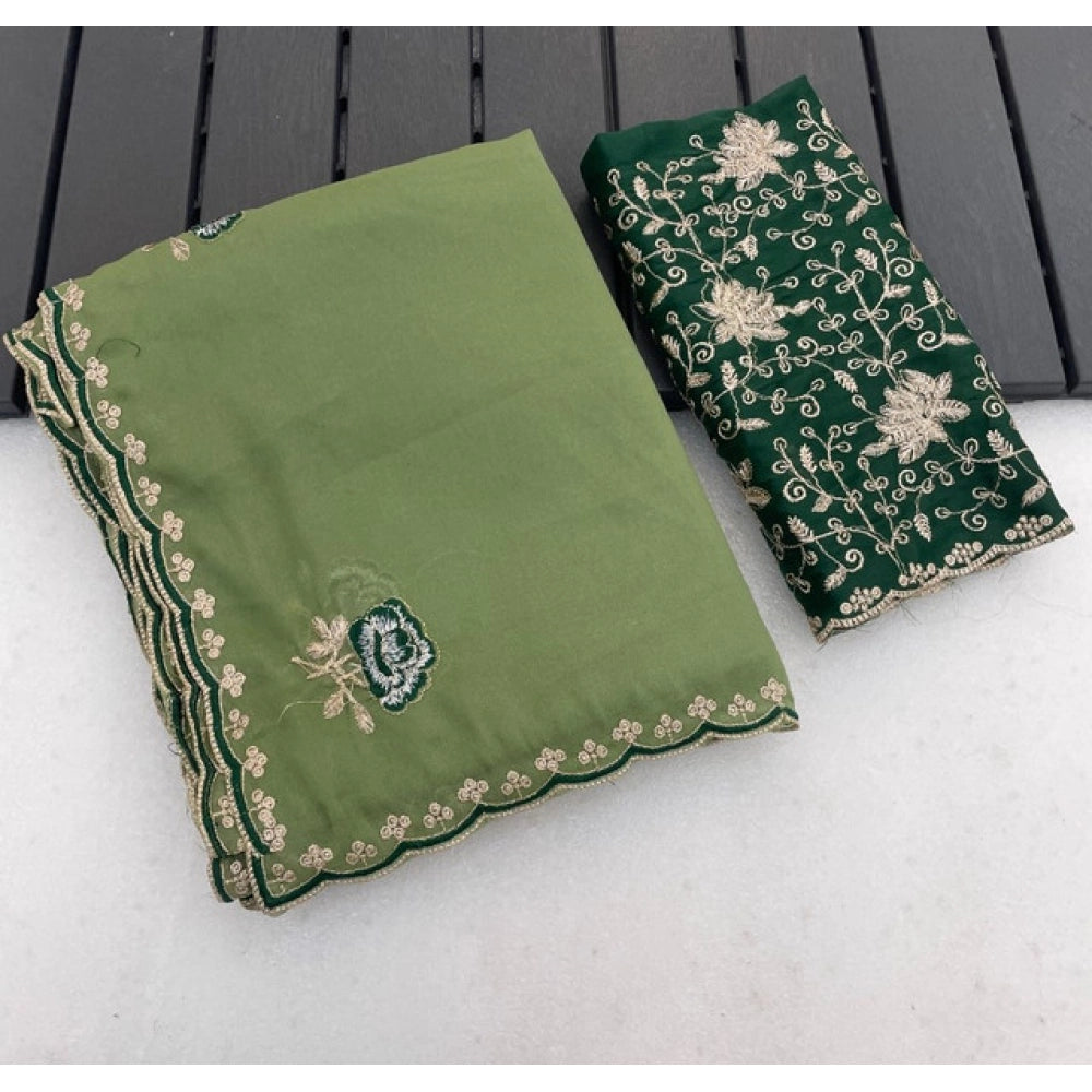 Women's Star Georgette Embroidered Saree With Unstitched Blouse 5.5 Mtr (Green)