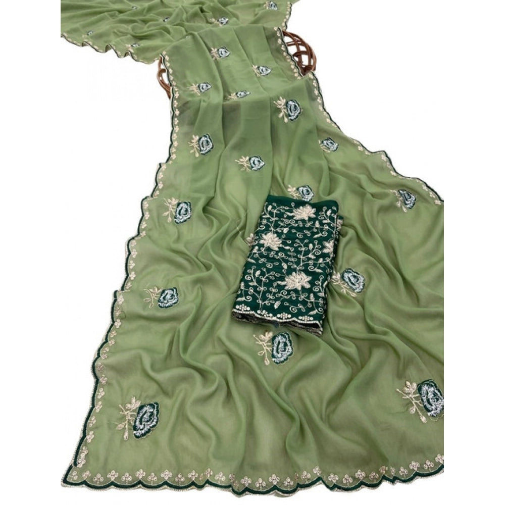 Women's Star Georgette Embroidered Saree With Unstitched Blouse 5.5 Mtr (Green)