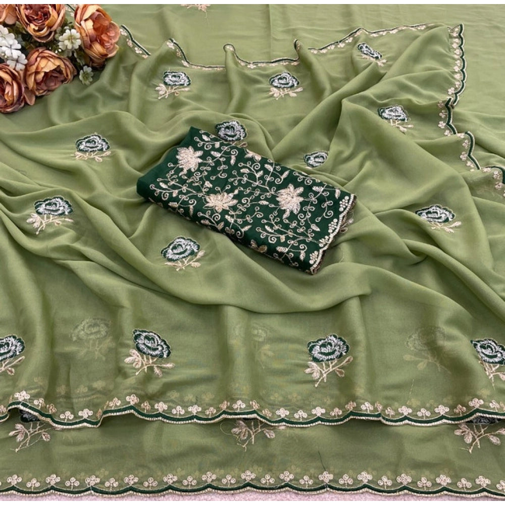 Women's Star Georgette Embroidered Saree With Unstitched Blouse 5.5 Mtr (Green)