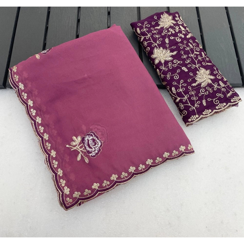 Women's Star Georgette Embroidered Saree With Unstitched Blouse 5.5 Mtr (Pink)