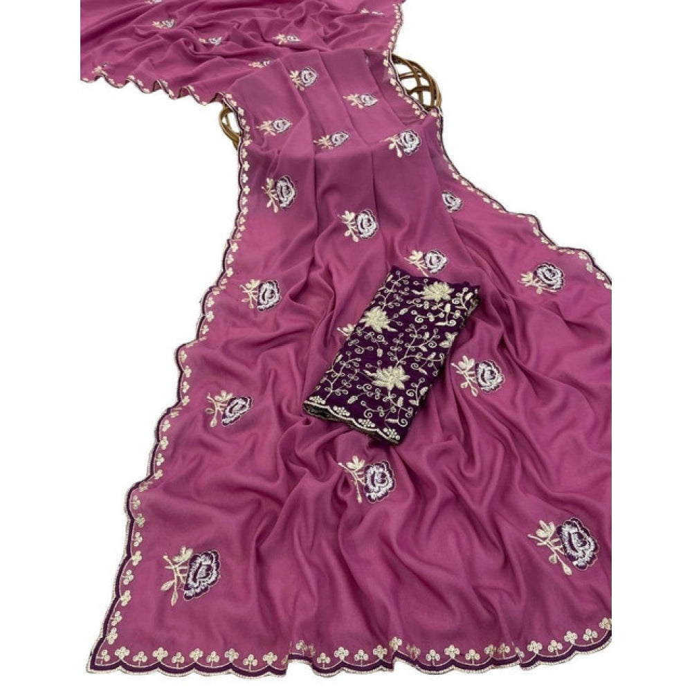 Women's Star Georgette Embroidered Saree With Unstitched Blouse 5.5 Mtr (Pink)