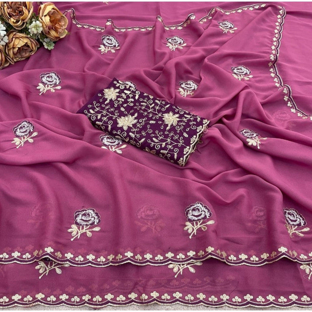 Women's Star Georgette Embroidered Saree With Unstitched Blouse 5.5 Mtr (Pink)