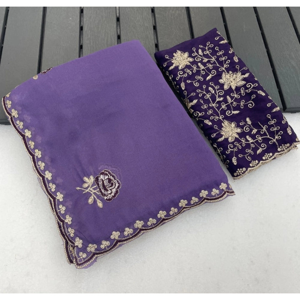 Women's Star Georgette Embroidered Saree With Unstitched Blouse 5.5 Mtr (Purple)