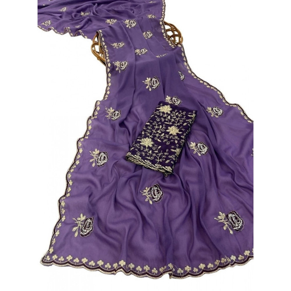 Women's Star Georgette Embroidered Saree With Unstitched Blouse 5.5 Mtr (Purple)