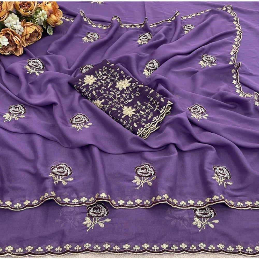 Women's Star Georgette Embroidered Saree With Unstitched Blouse 5.5 Mtr (Purple)