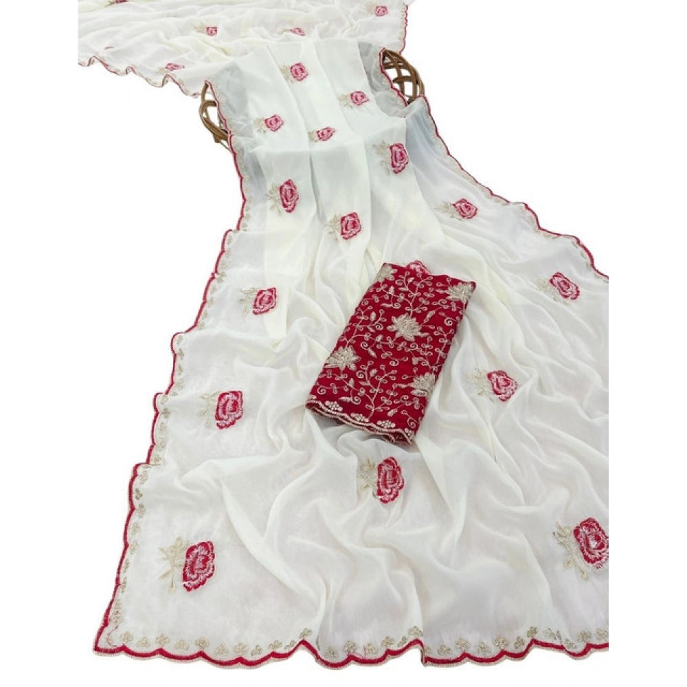 Women's Star Georgette Embroidered Saree With Unstitched Blouse 5.5 Mtr (White)