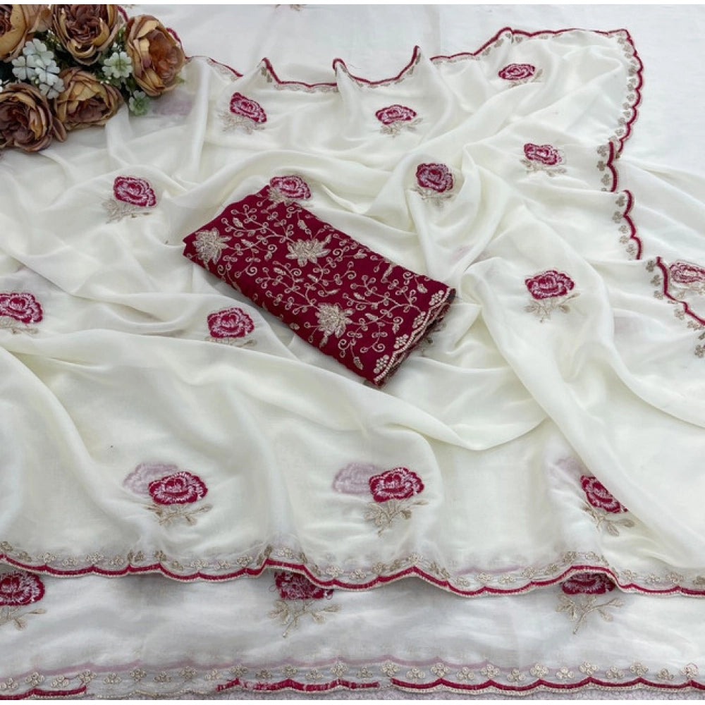 Women's Star Georgette Embroidered Saree With Unstitched Blouse 5.5 Mtr (White)