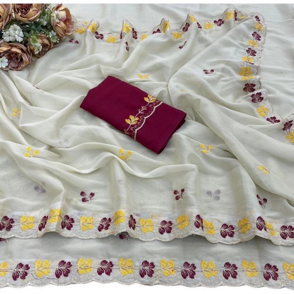 Women's Star Georgette Embroidered Saree With Unstitched Blouse 5.5 Mtr (Beige-Red)