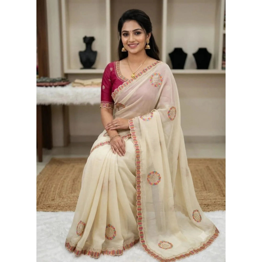 Women's Star Georgette Embroidered Saree With Unstitched Blouse 5.5 Mtr (Cream)