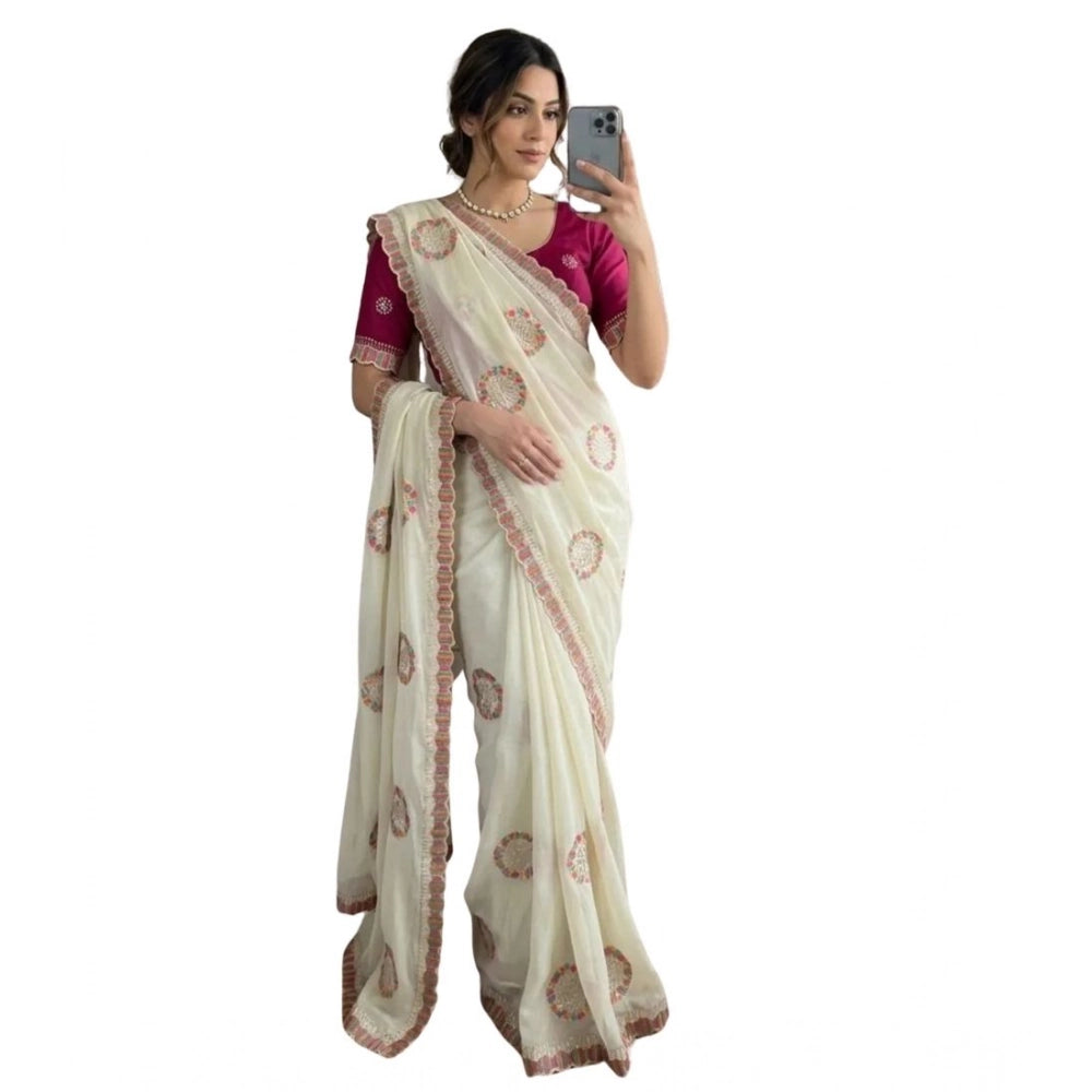 Women's Star Georgette Embroidered Saree With Unstitched Blouse 5.5 Mtr (Cream)