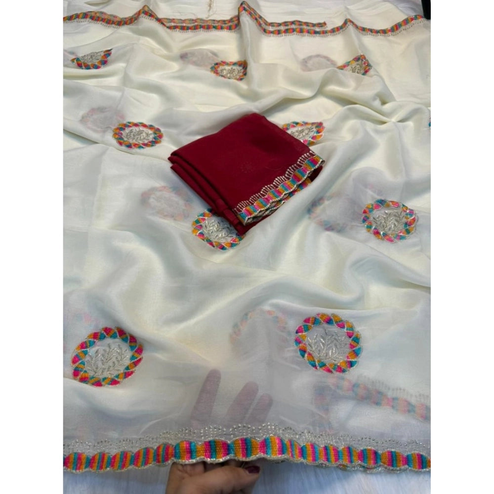 Women's Star Georgette Embroidered Saree With Unstitched Blouse 5.5 Mtr (Cream)