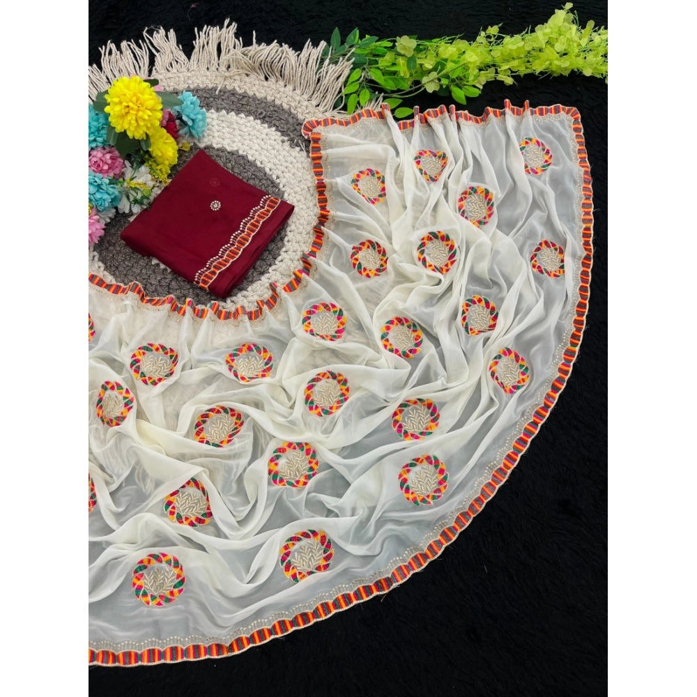 Women's Star Georgette Embroidered Saree With Unstitched Blouse 5.5 Mtr (Cream)