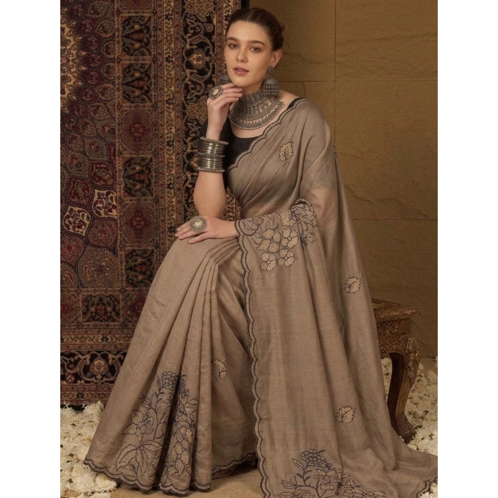 Women's Viscose Silk Embroidered Saree With Unstitched Blouse 5.5 Mtr (Brown)