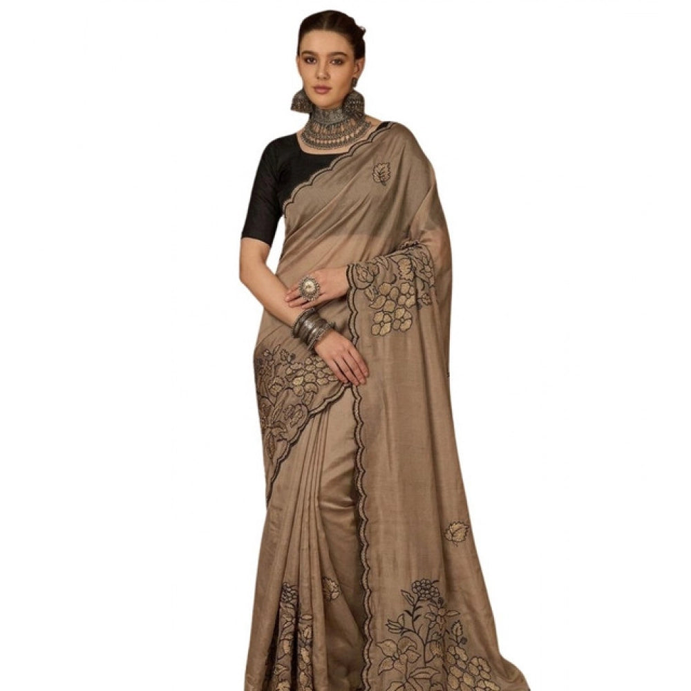 Women's Viscose Silk Embroidered Saree With Unstitched Blouse 5.5 Mtr (Brown)