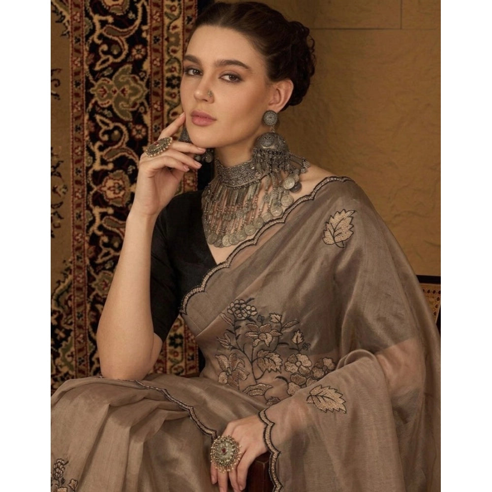 Women's Viscose Silk Embroidered Saree With Unstitched Blouse 5.5 Mtr (Brown)