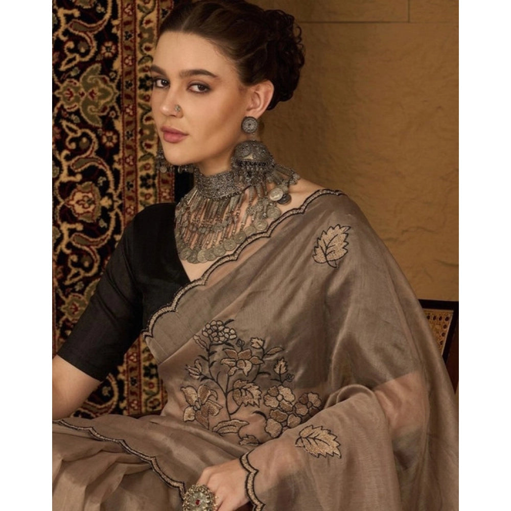 Women's Viscose Silk Embroidered Saree With Unstitched Blouse 5.5 Mtr (Brown)