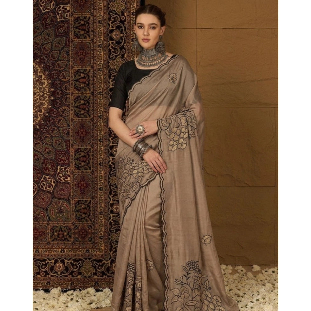 Women's Viscose Silk Embroidered Saree With Unstitched Blouse 5.5 Mtr (Brown)