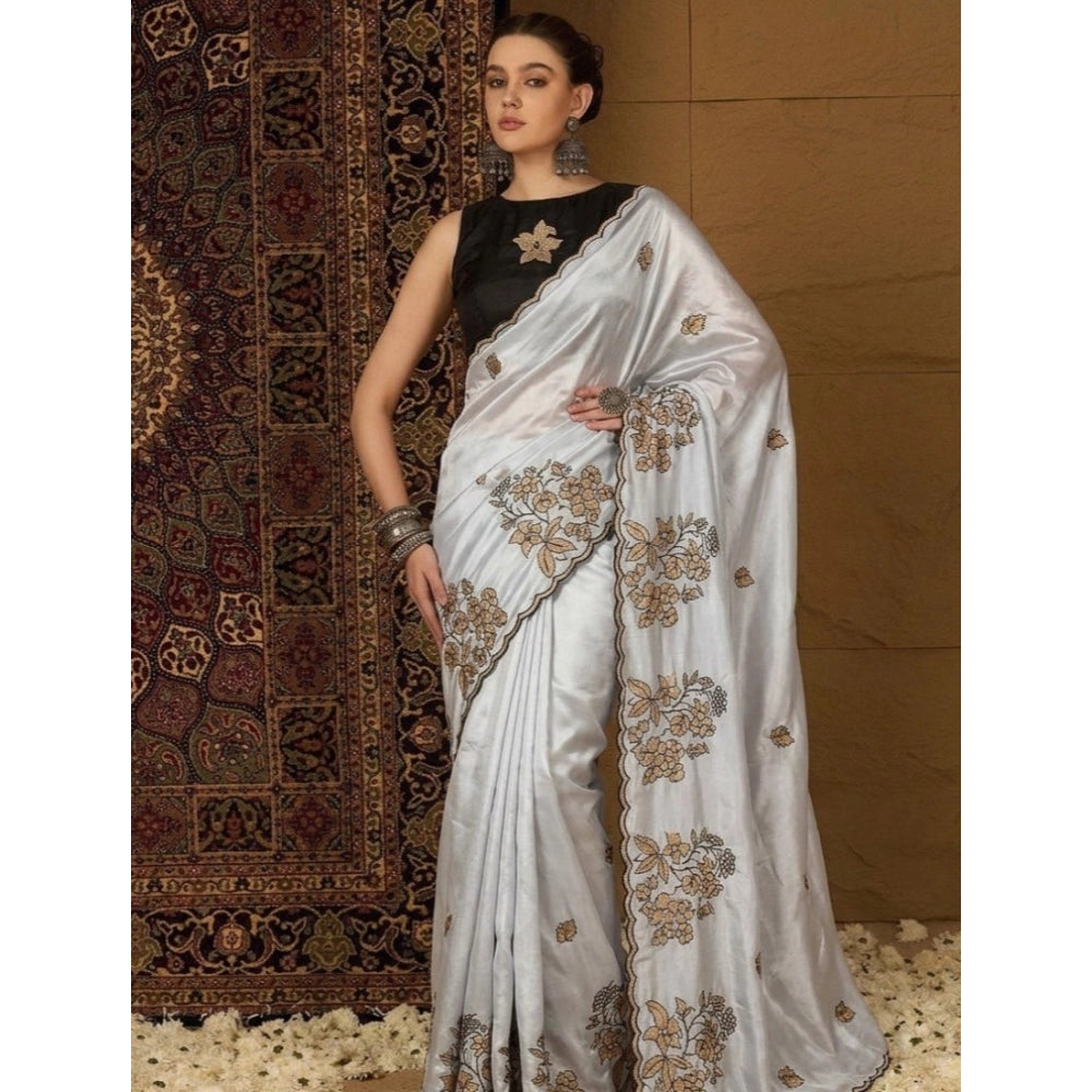 Women's Viscose Silk Embroidered Saree With Unstitched Blouse 5.5 Mtr (Grey)