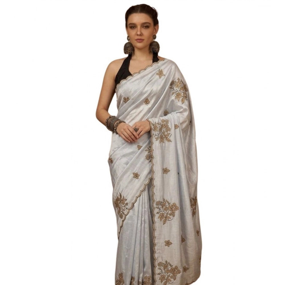 Women's Viscose Silk Embroidered Saree With Unstitched Blouse 5.5 Mtr (Grey)