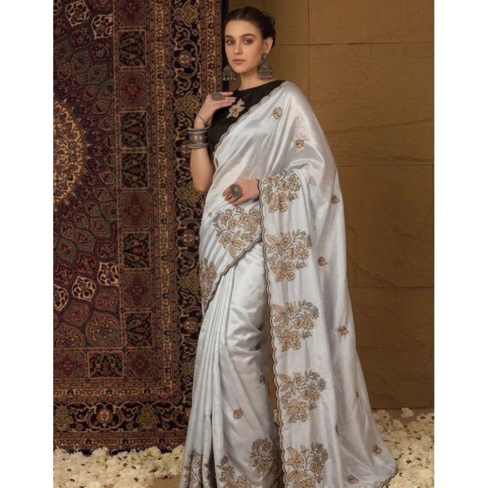 Women's Viscose Silk Embroidered Saree With Unstitched Blouse 5.5 Mtr (Grey)
