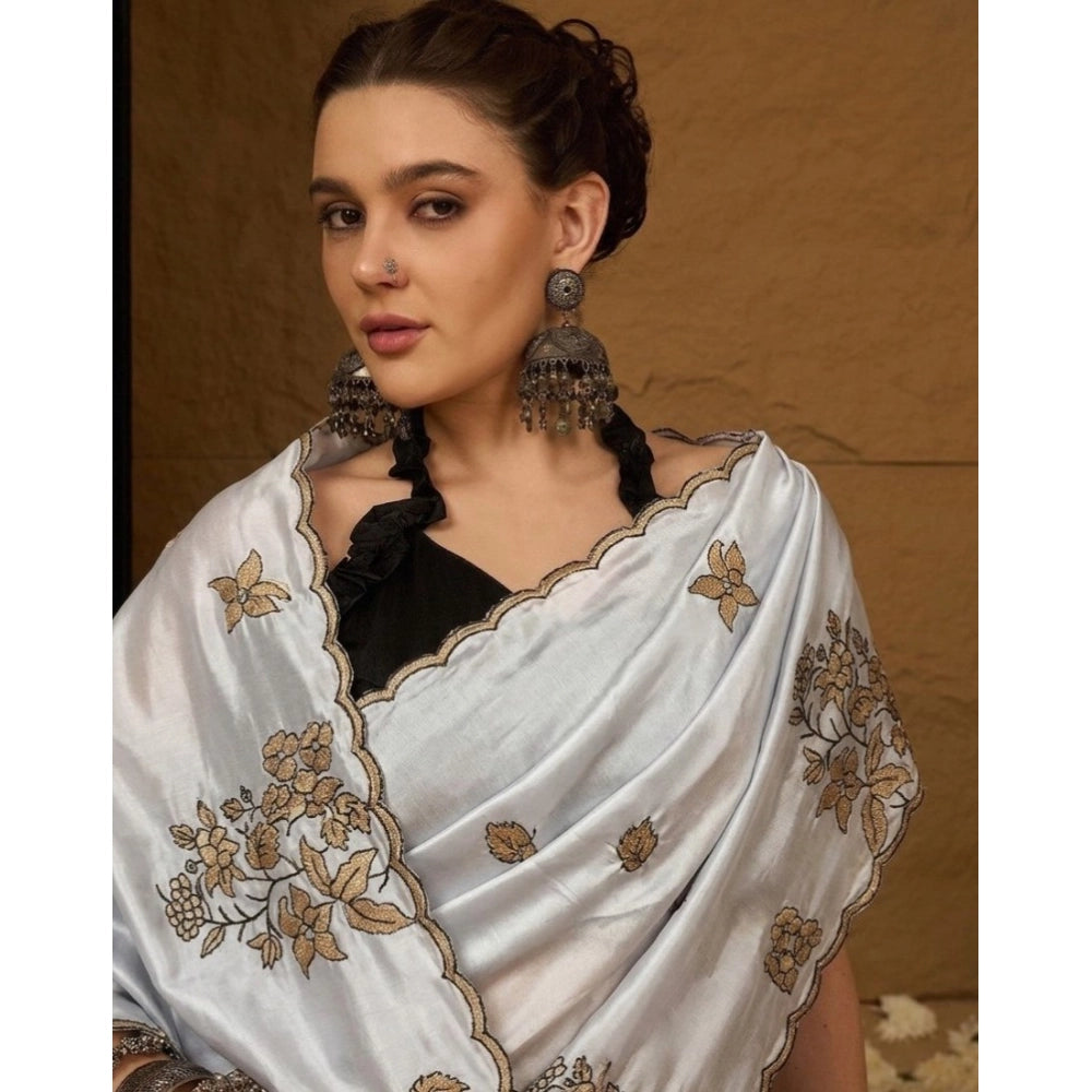 Women's Viscose Silk Embroidered Saree With Unstitched Blouse 5.5 Mtr (Grey)