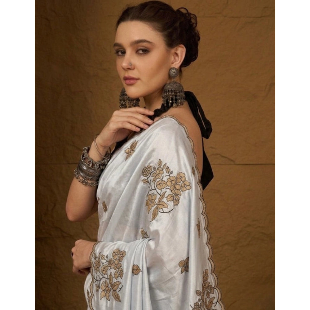 Women's Viscose Silk Embroidered Saree With Unstitched Blouse 5.5 Mtr (Grey)