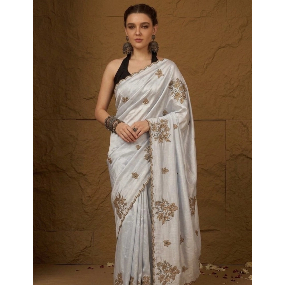 Women's Viscose Silk Embroidered Saree With Unstitched Blouse 5.5 Mtr (Grey)