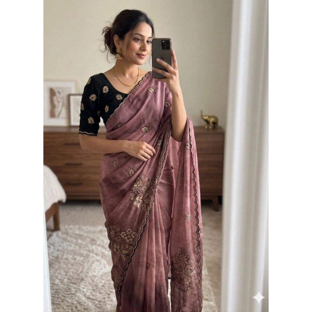 Women's Viscose Silk Embroidered Saree With Unstitched Blouse 5.5 Mtr (Pink)