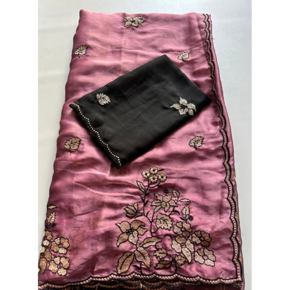 Women's Viscose Silk Embroidered Saree With Unstitched Blouse 5.5 Mtr (Pink)