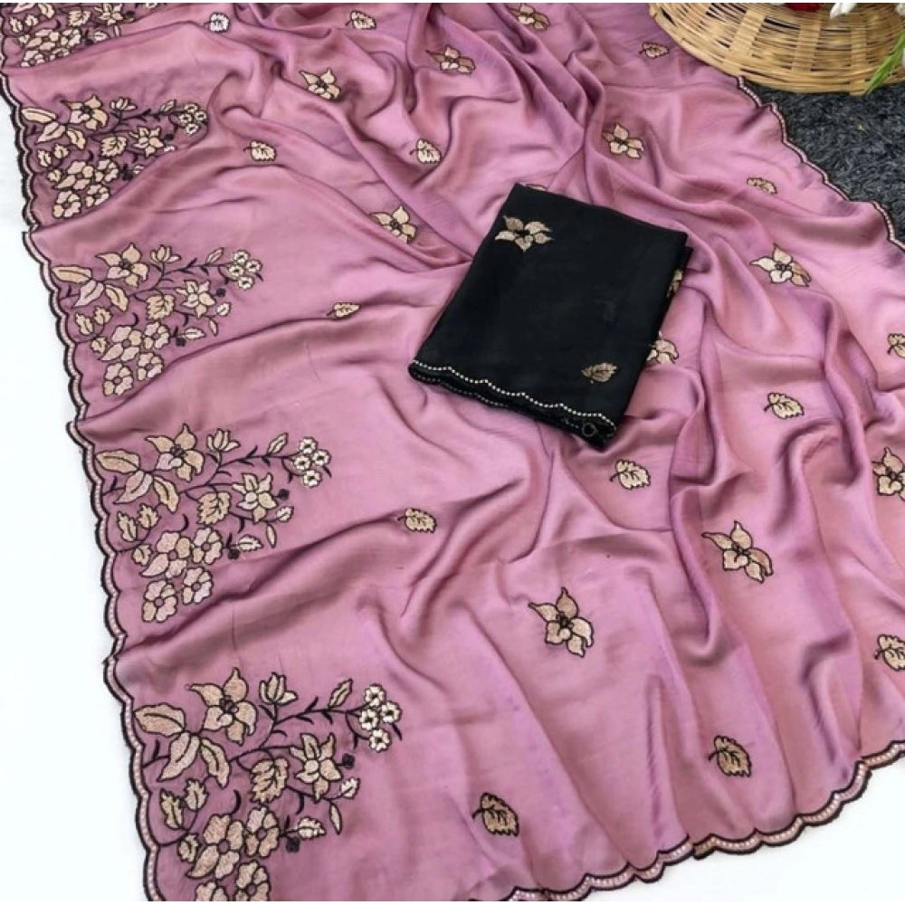 Women's Viscose Silk Embroidered Saree With Unstitched Blouse 5.5 Mtr (Pink)