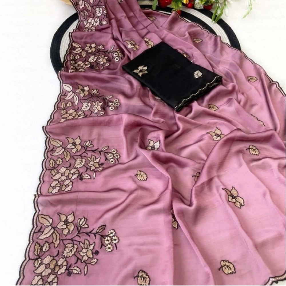 Women's Viscose Silk Embroidered Saree With Unstitched Blouse 5.5 Mtr (Pink)