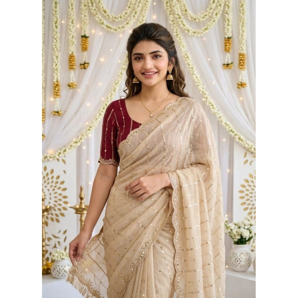 Women's Star Georgette Embroidered Saree With Unstitched Blouse 5.5 Mtr (Beige)