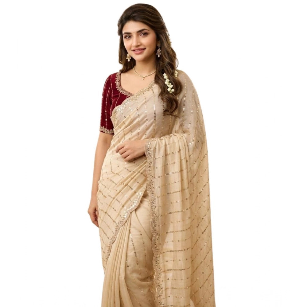 Women's Star Georgette Embroidered Saree With Unstitched Blouse 5.5 Mtr (Beige)