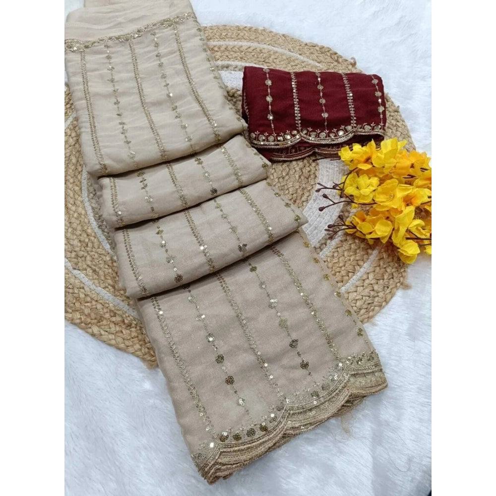 Women's Star Georgette Embroidered Saree With Unstitched Blouse 5.5 Mtr (Beige)