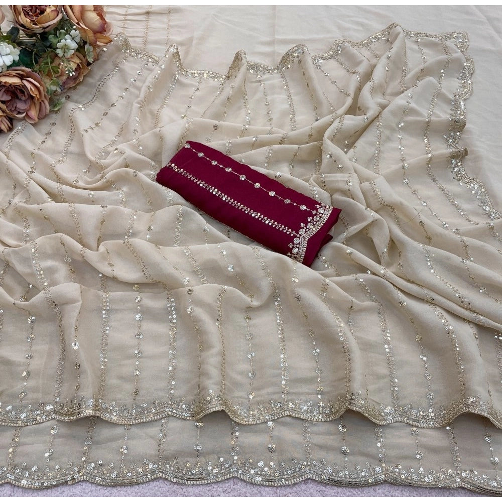 Women's Star Georgette Embroidered Saree With Unstitched Blouse 5.5 Mtr (Beige)
