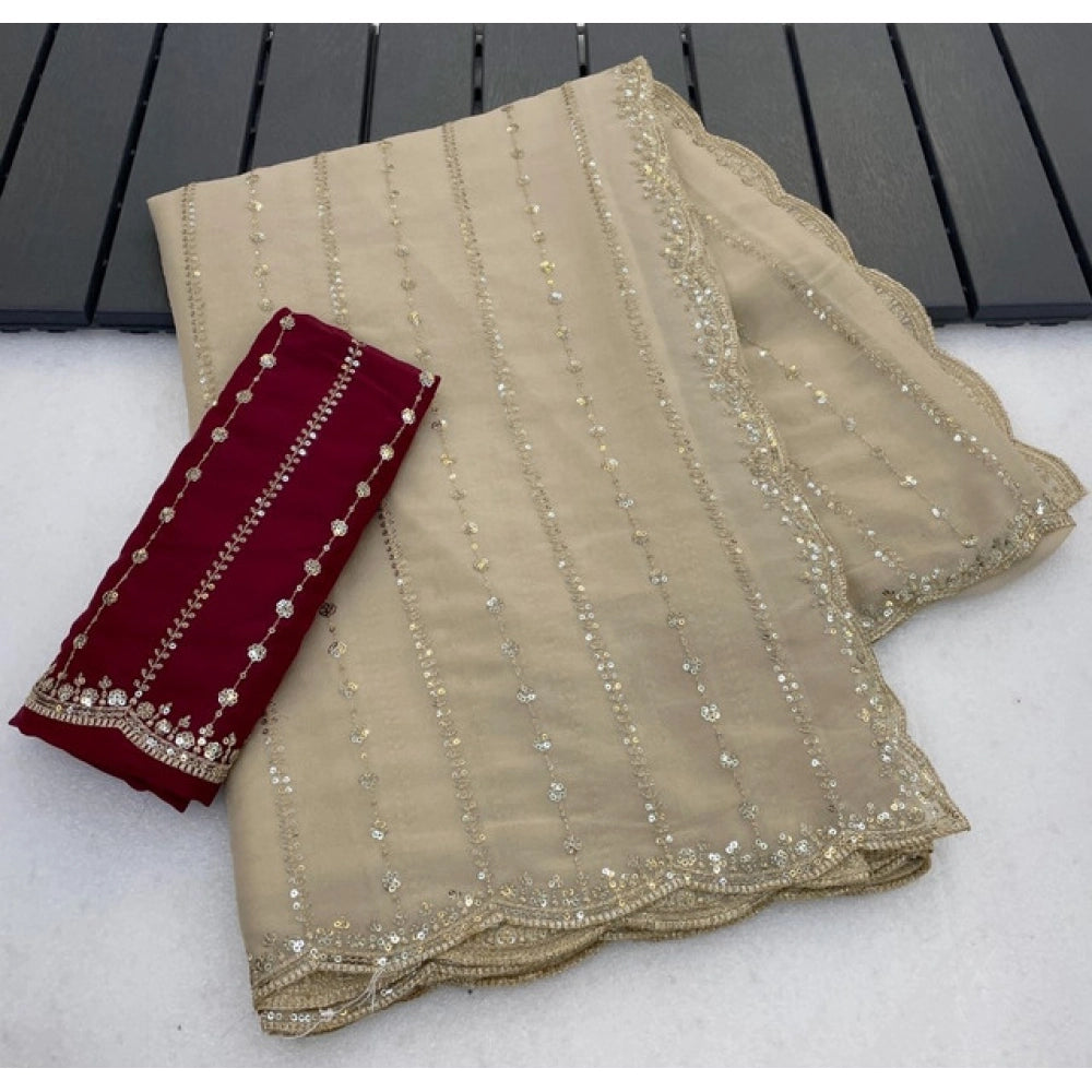 Women's Star Georgette Embroidered Saree With Unstitched Blouse 5.5 Mtr (Beige)