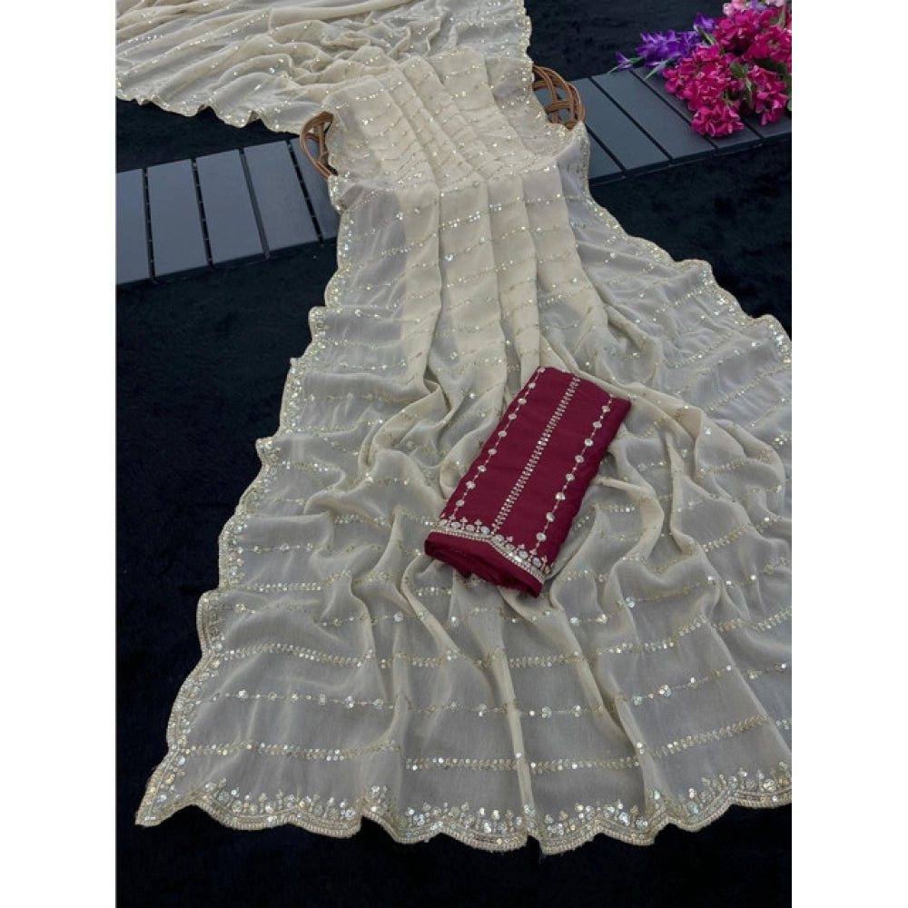 Women's Star Georgette Embroidered Saree With Unstitched Blouse 5.5 Mtr (Beige)