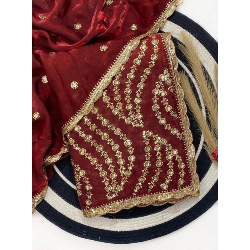 Women's Satin Embellished Saree With Unstitched Blouse 5.5 Mtr (Maroon)