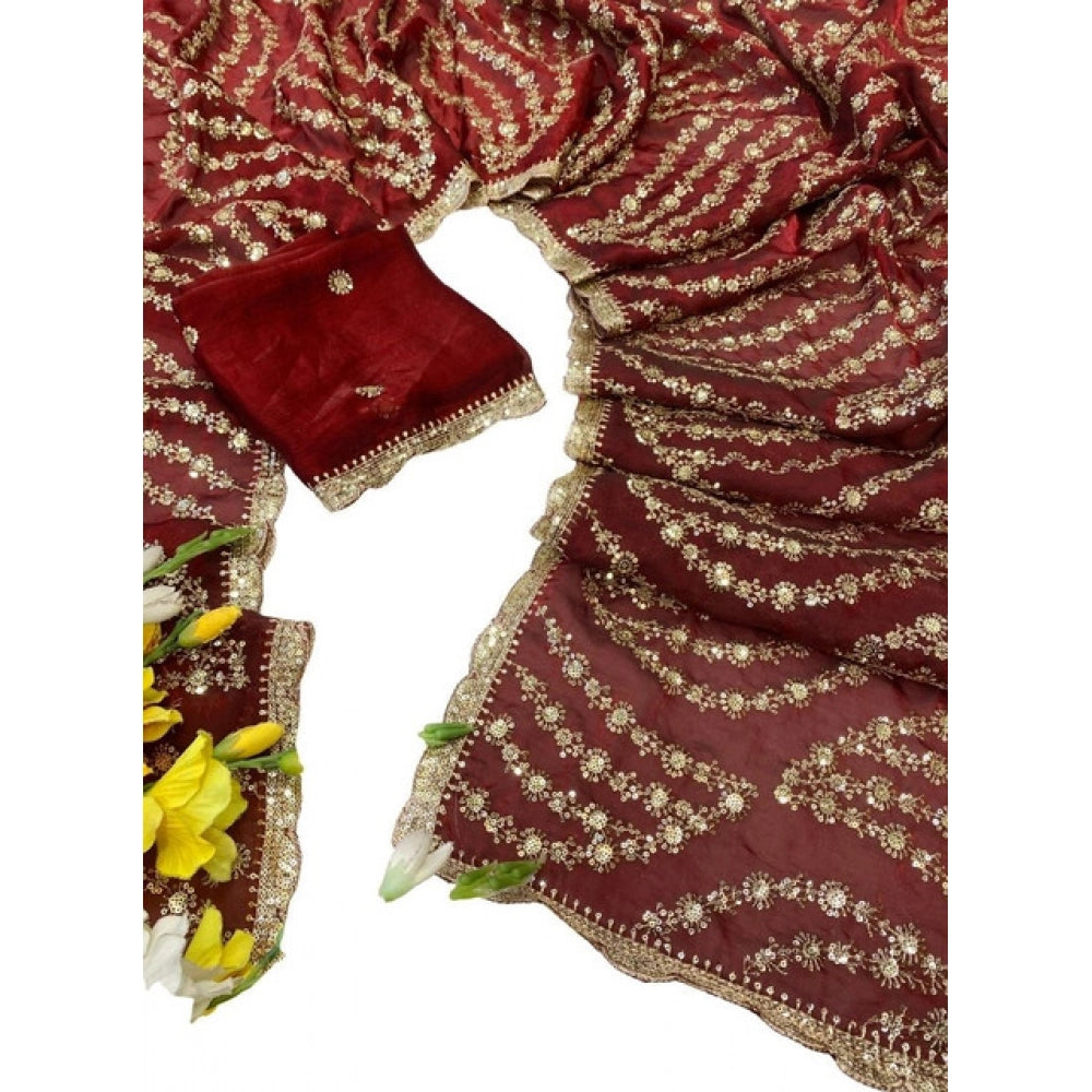 Women's Satin Embellished Saree With Unstitched Blouse 5.5 Mtr (Maroon)