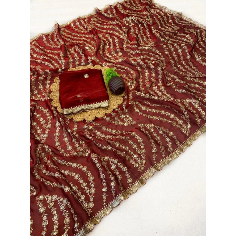 Women's Satin Embellished Saree With Unstitched Blouse 5.5 Mtr (Maroon)