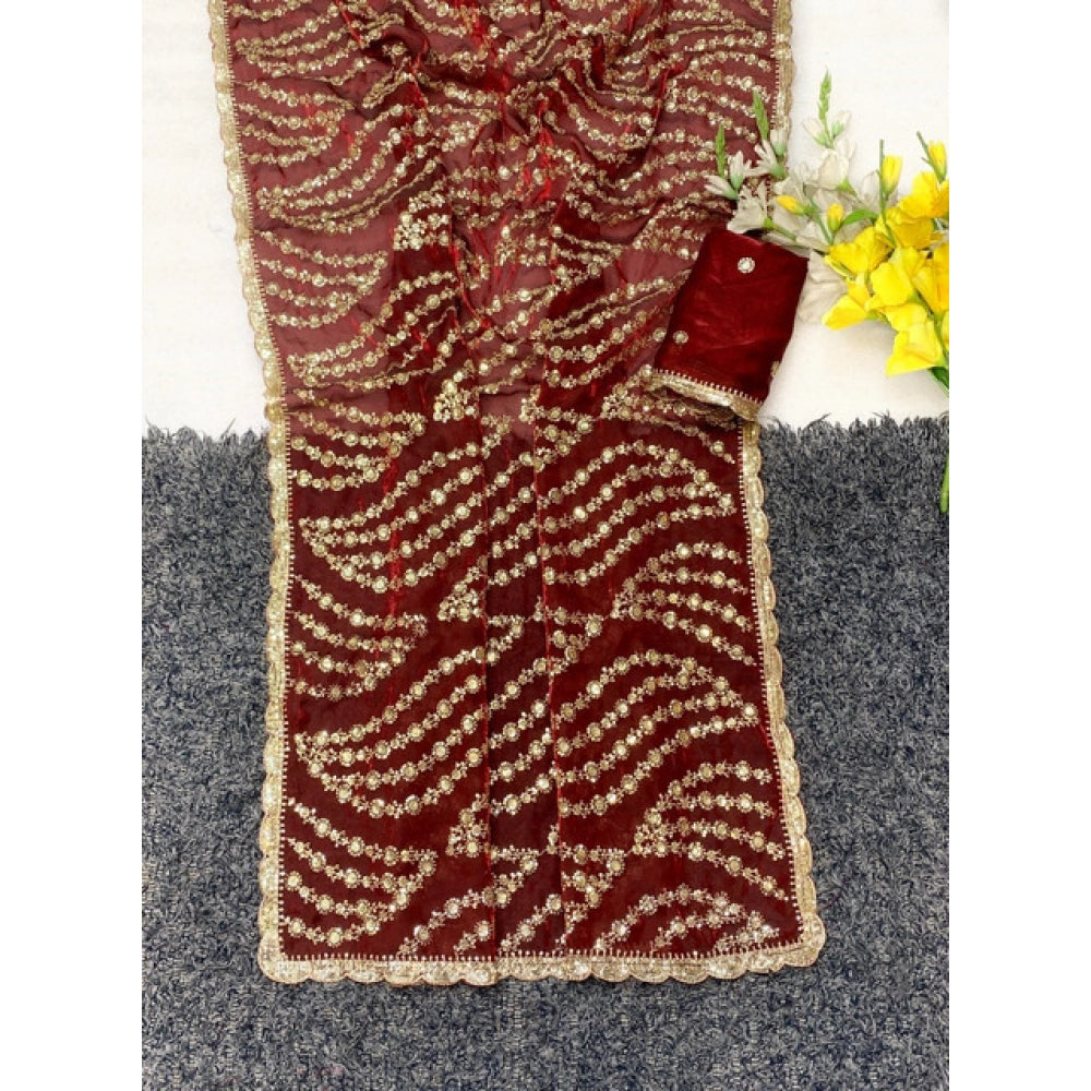 Women's Satin Embellished Saree With Unstitched Blouse 5.5 Mtr (Maroon)