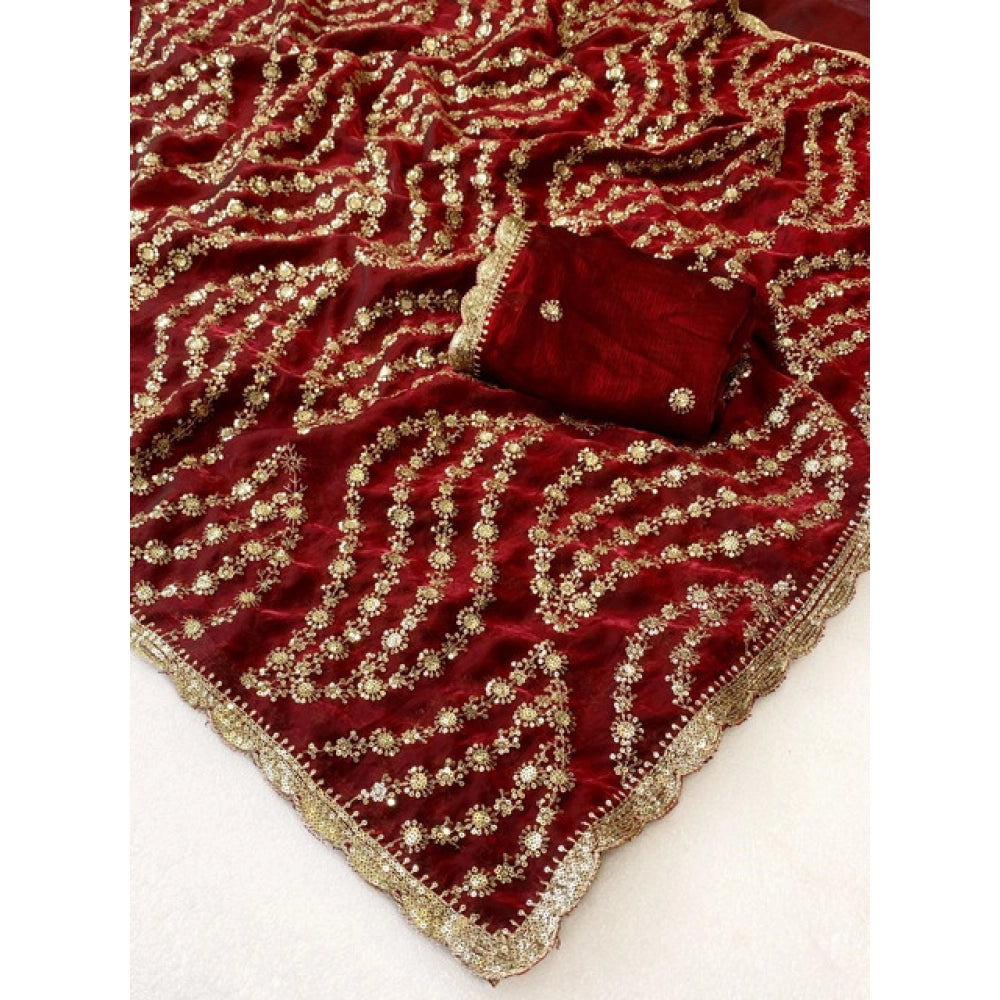 Women's Satin Embellished Saree With Unstitched Blouse 5.5 Mtr (Maroon)